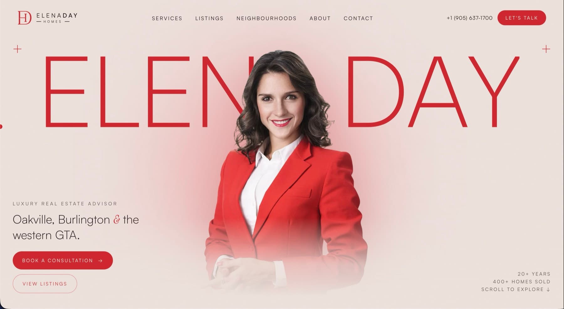 Elena Day Homes website hero showing the agent in a red blazer behind large ELENA DAY lettering.