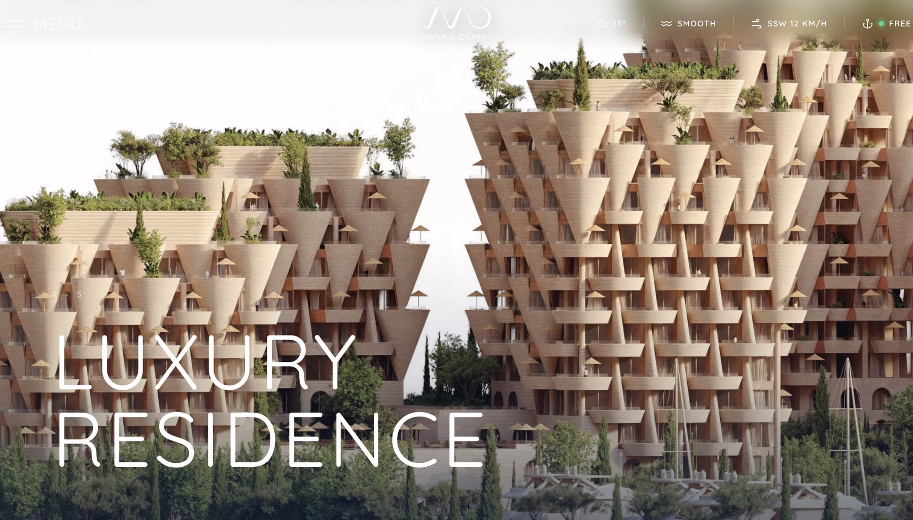 Full-screen view of the terraced Luxury Residence towers, with live weather and sea readings in the header.