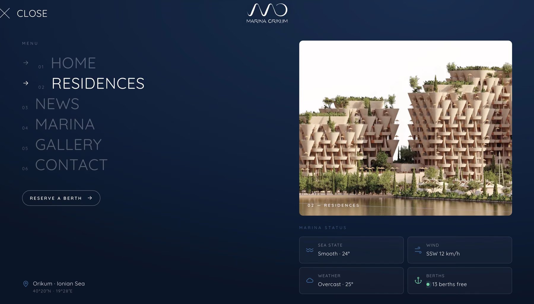 Open site menu with a residences preview and live marina status: sea state, wind, weather and free berths.