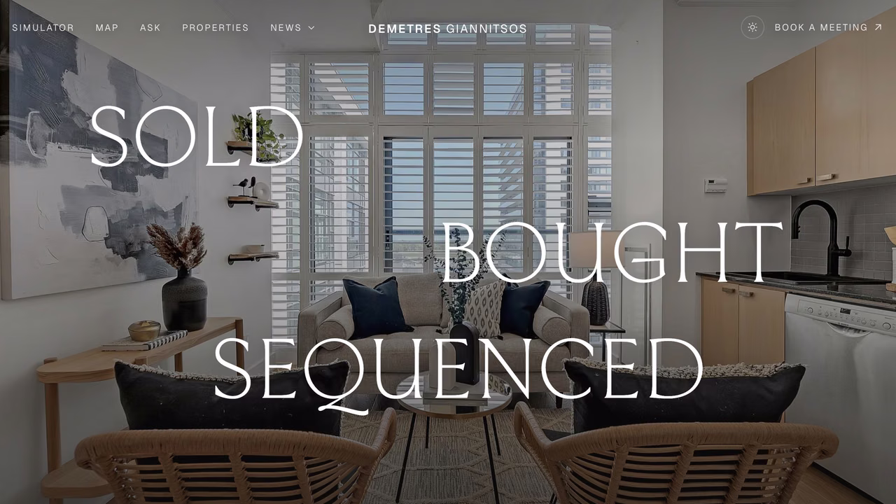 Demetres Gia realtor homepage, the words Sold, Bought, Sequenced set over a bright condo living room.