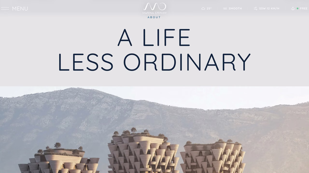 Marina Orikum homepage, the headline A life less ordinary above terraced towers and a mountain ridge.