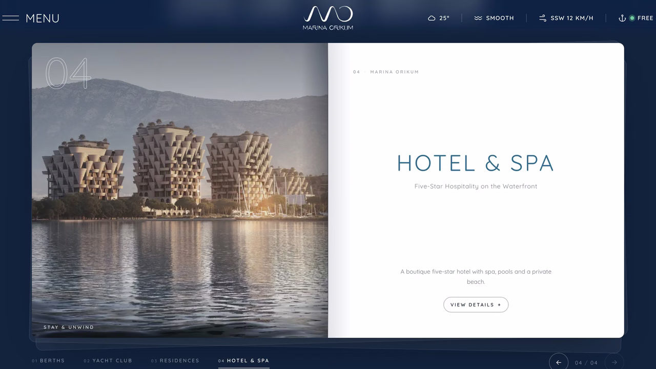 Marina Orikum hotel and spa panel, the waterfront towers at sunset beside a white detail card on navy.